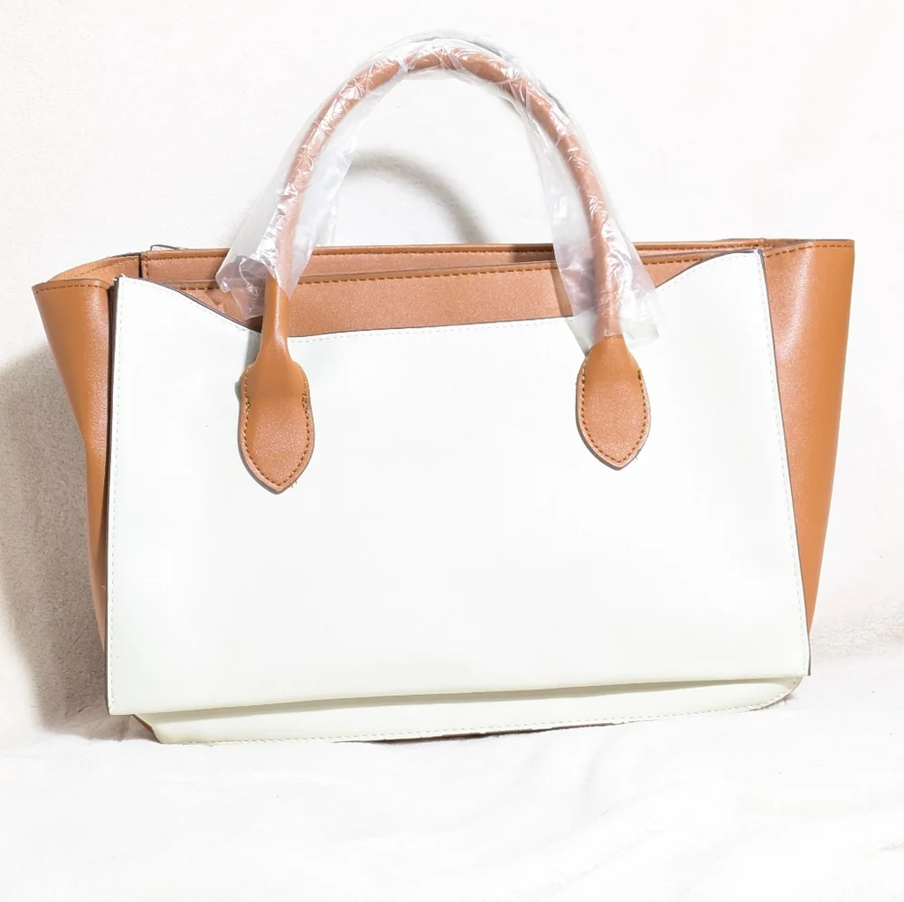 NWOT Loulu‎ Cream Brown Purse Tote Vegan Leather Detachable Crossbody Strap
